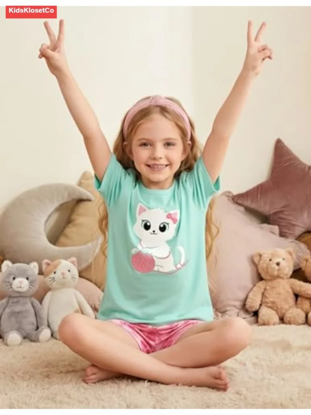 Girls 3 Piece Pajama Set Short Sleeve Sleepwear Polyester Spandex Summer Pjs